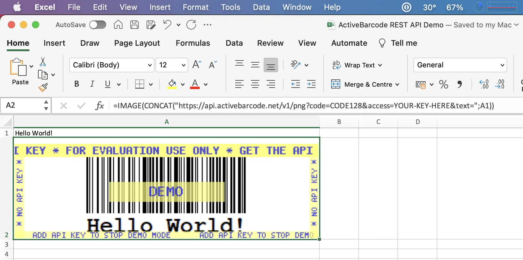 Dieser Screenshot zeigt den resultierenden Barcode in Excel für Mac, der den Inhalt von Zelle A1 kodiert.