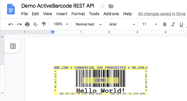 Dieser Screenshot zeigt den resultierenden Barcode in Google Docs beim Einfügen eines Bildes mit der oben gezeigten URL.