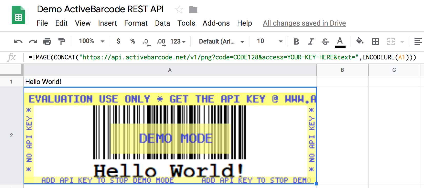 Dieses Bildschirmfoto zeigt den resultierenden Barcode im Google Sheet, der den Inhalt von Zelle A1 kodiert.