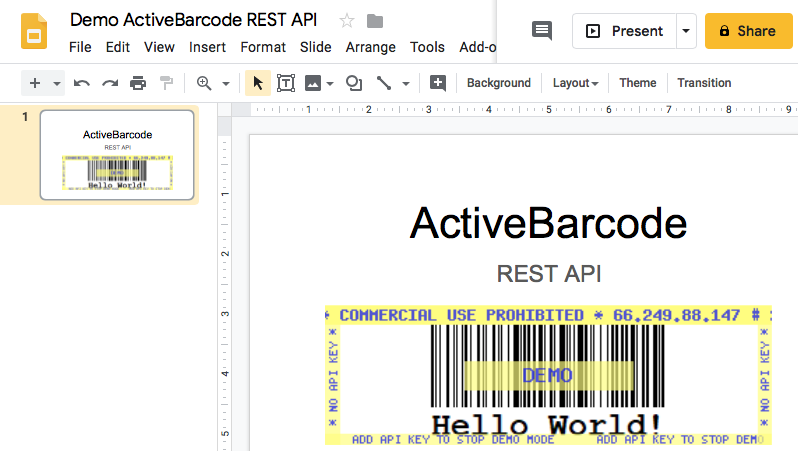 Dieser Screenshot zeigt den resultierenden Barcode in Google Slides beim Einfügen eines Bildes mit der oben gezeigten URL.