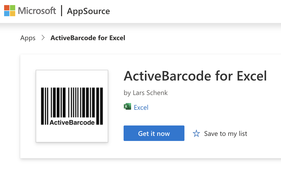 ActiveBarcode Excel Add-In @ Microsoft AppSource ActiveBarcode: ActiveBarcode Excel Add-In @ Microsoft AppSource