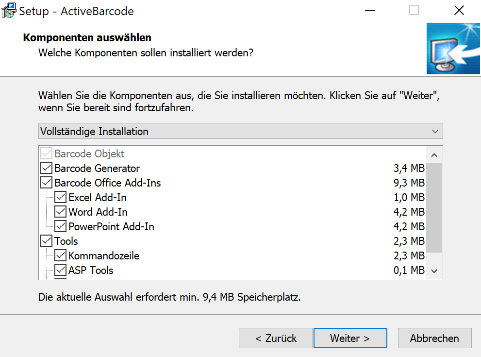 Auswahl des ActiveBarcode Setup