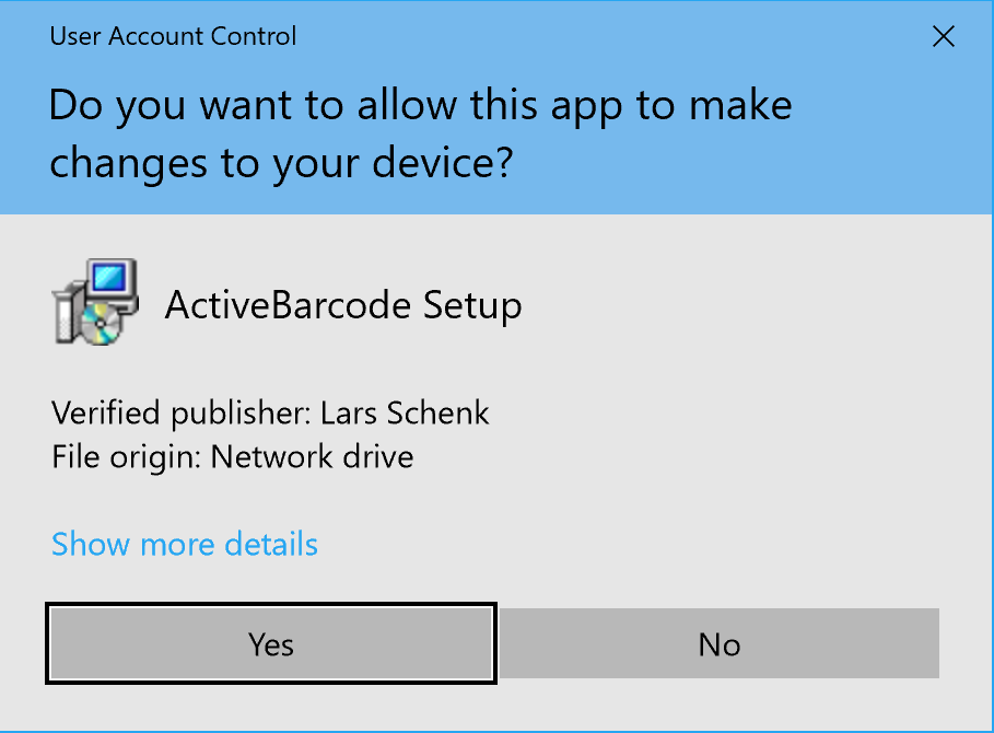 ActiveBarcode Setup Benutzerkontensteuerung