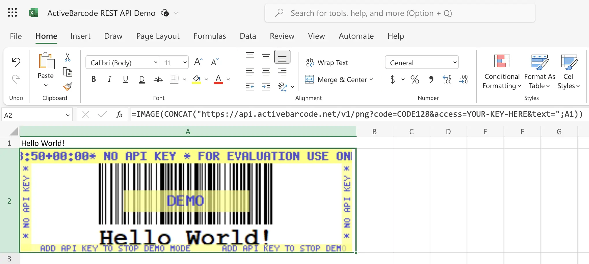 Und dieser Screenshot zeigt den resultierenden Barcode in Excel im Web.